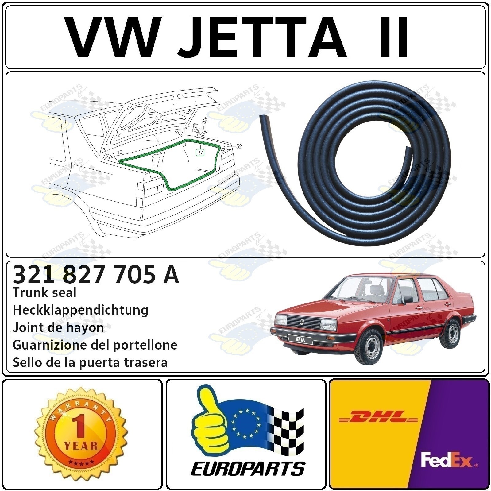 1984-1992 Volkswagen Jetta Mk2 Trunk Seal Weatherstrip 321827705A, 2-Door/4-Door
