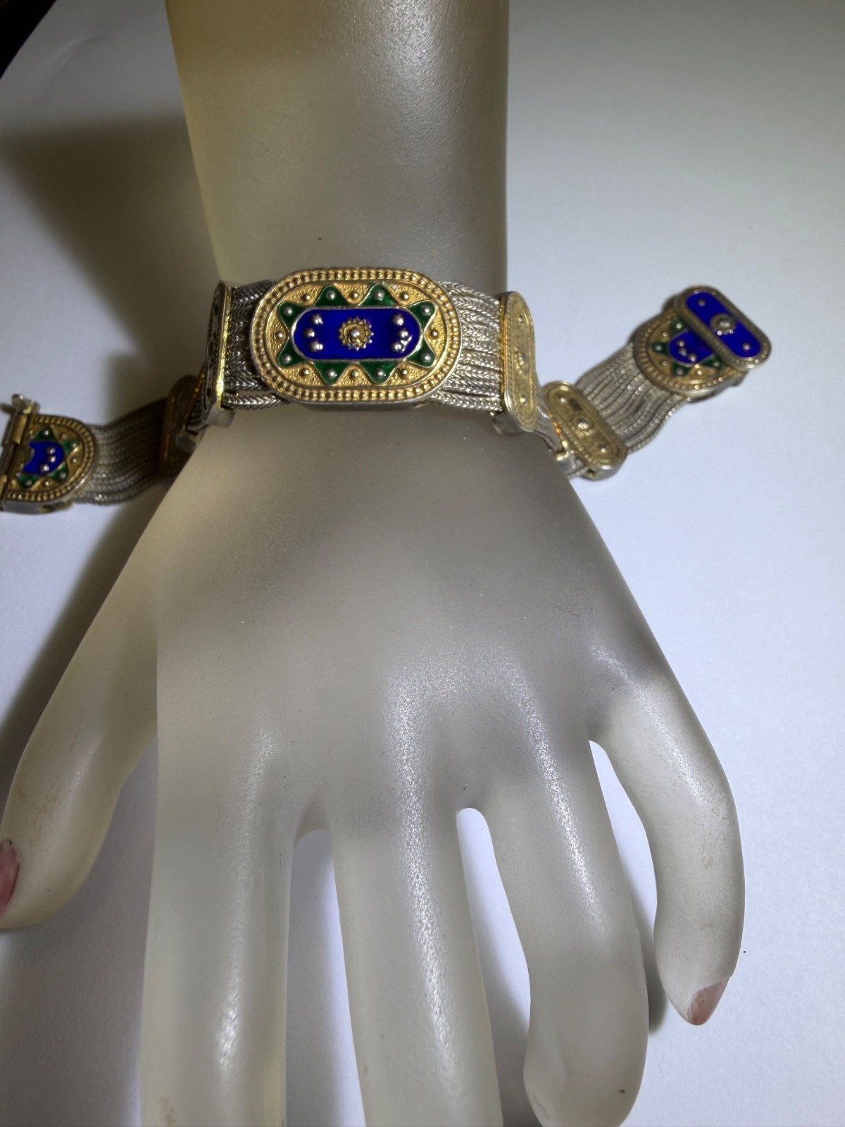Vintage Byzantine Anatoli Sterling Silver Multi Strand Foxtail Enamel Bracelet