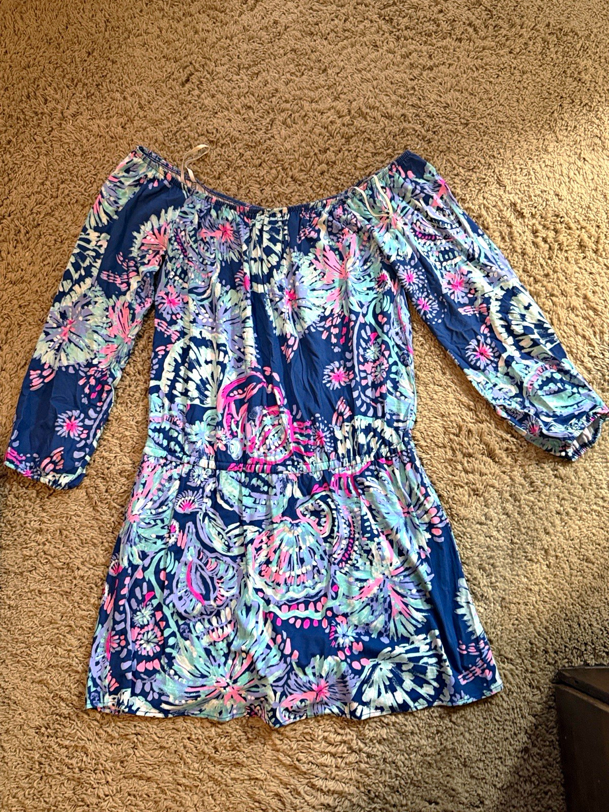 Lilly Pulitzer Women’s Off-the-Shoulder Floral Romper 3/4 Sleeve Elastic Waist