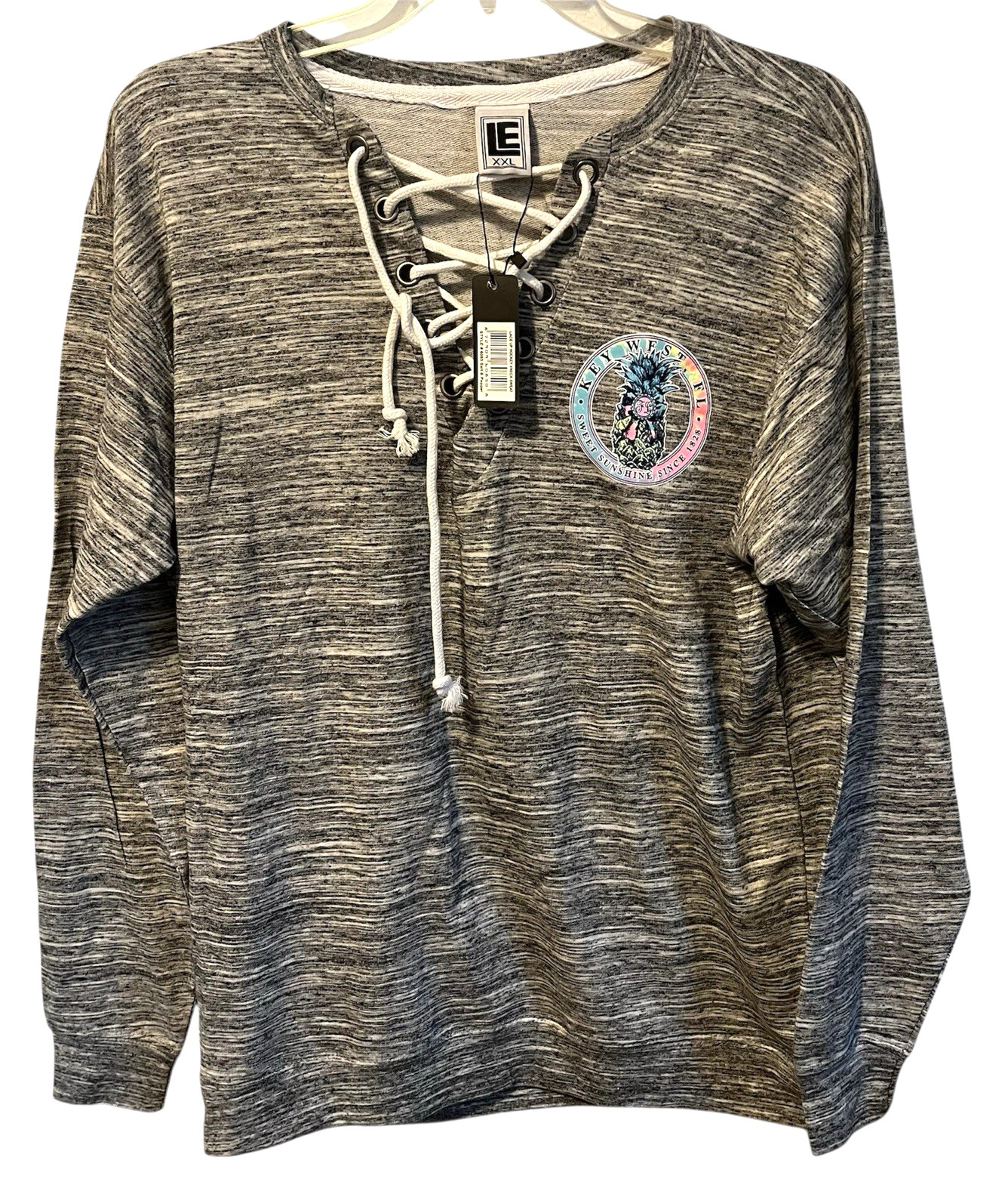 NWT LE Women Plus Size XXL 2X Lace Up LS Sweatshirt Top Vneck Gray White Heather