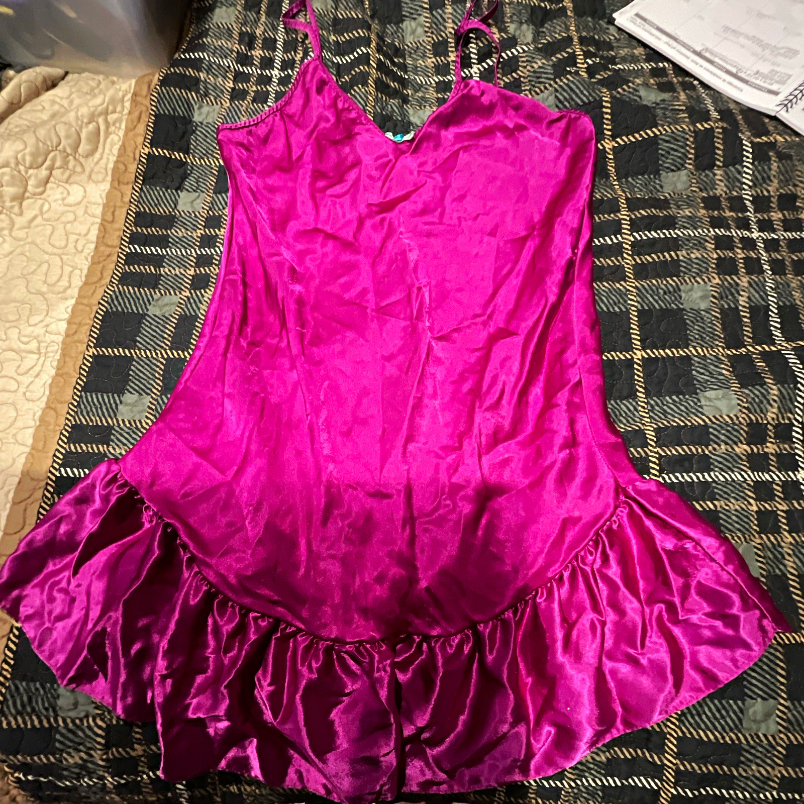 Fredericks of Hollywood Purple Satin Solid Strappy Ruffle Chemise Slip Sz small