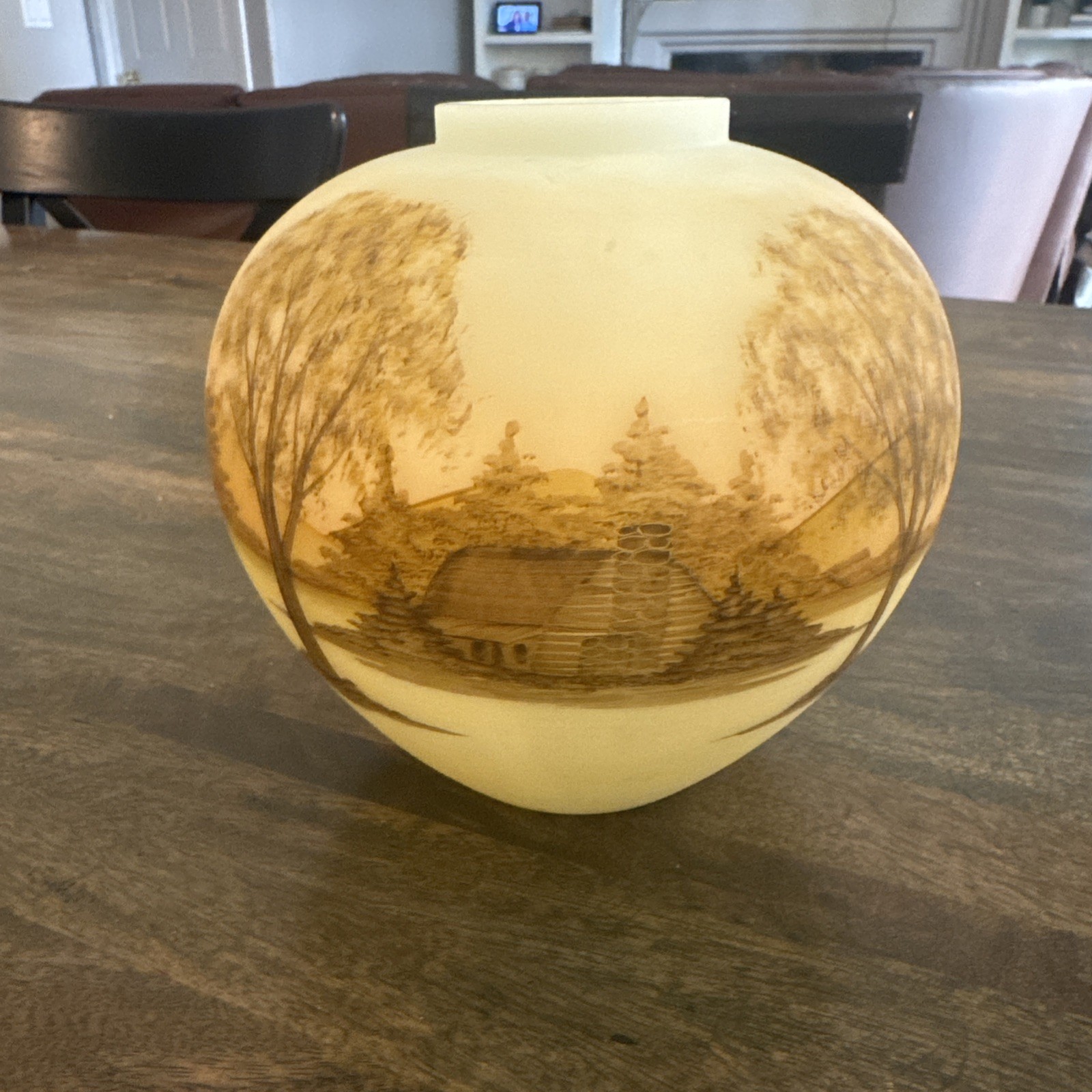 Fenton Hand Painted Log Cabin Custard Burmese Ginger Jar Signed, No Lid