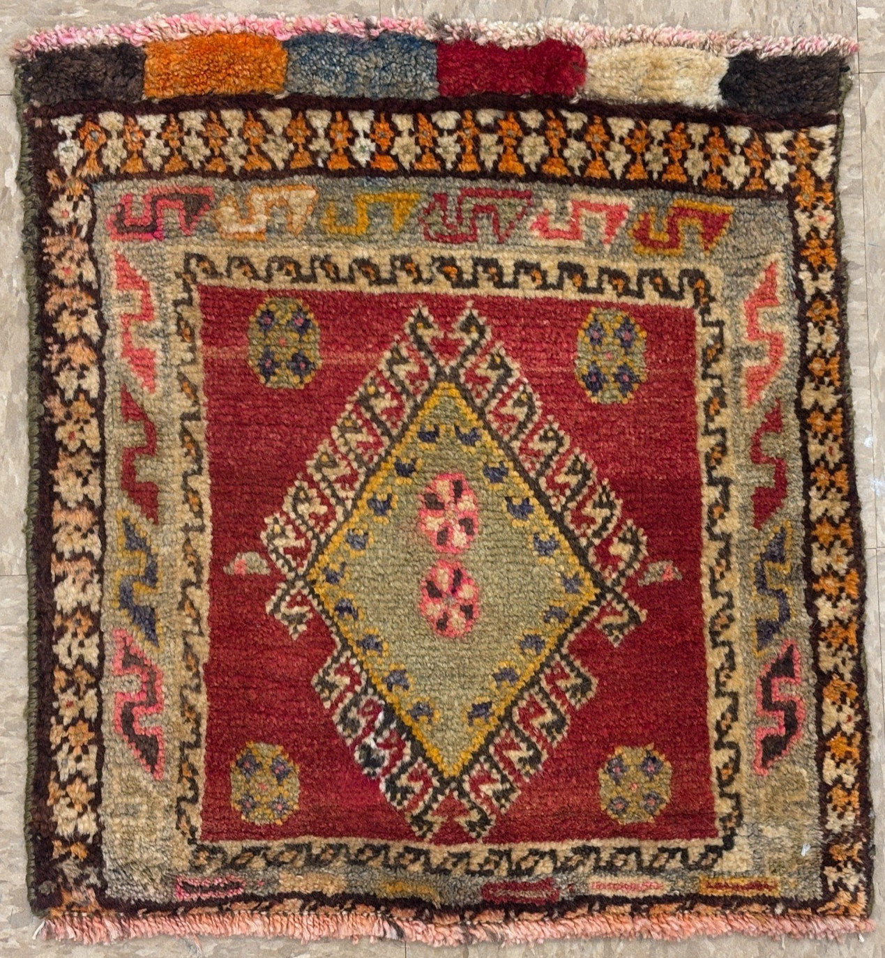 Vintage Qashqai Rug Tribal Geometric 2x2 Hand Knotted Wool Red Nomadic Area Boho