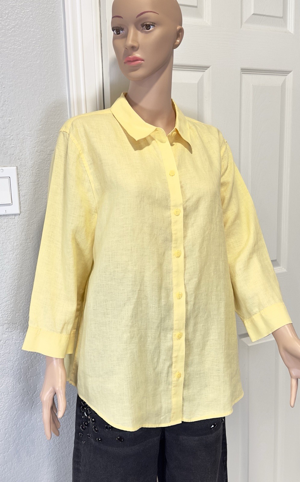 Chico’s Effortless Linen Sina 3/4 Sleeve Shirt Women Sz 3 XL Yellow No Iron NWT