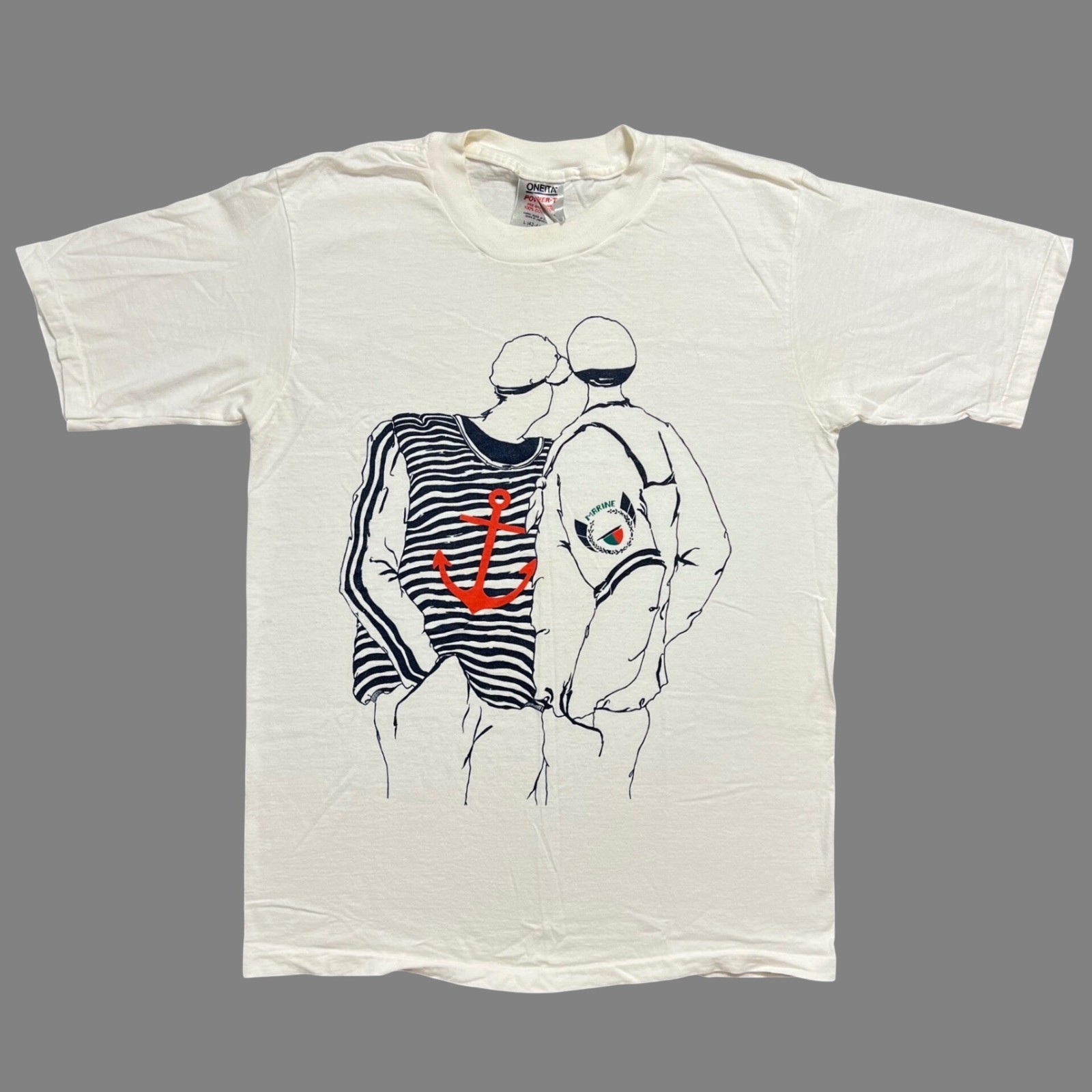 VTG Oneita Power T Shirt White Single Stitch Minimalist Line Art Mens Large 90s