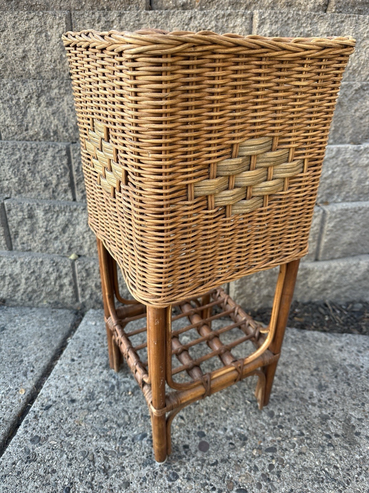 Vintage MCM Bamboo Wicker Rattan Plant Stand Basket 1-shelf Boho 25.5 Vintage MCM Bamboo Wicker Rattan Plant Stand Basket 1-shelf Boho 25.5