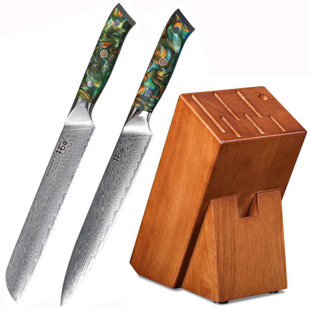 3Pcs TURWHO Kitchen Slicer Knife Japan VG10 Damascus Steel Bread Knife Block Set