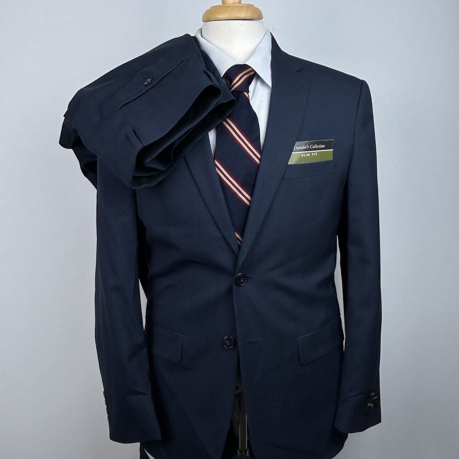 NWT Jos A Bank Traveler Collection Suit 38R 32W Navy Blue Stripe Wool Slim Fit