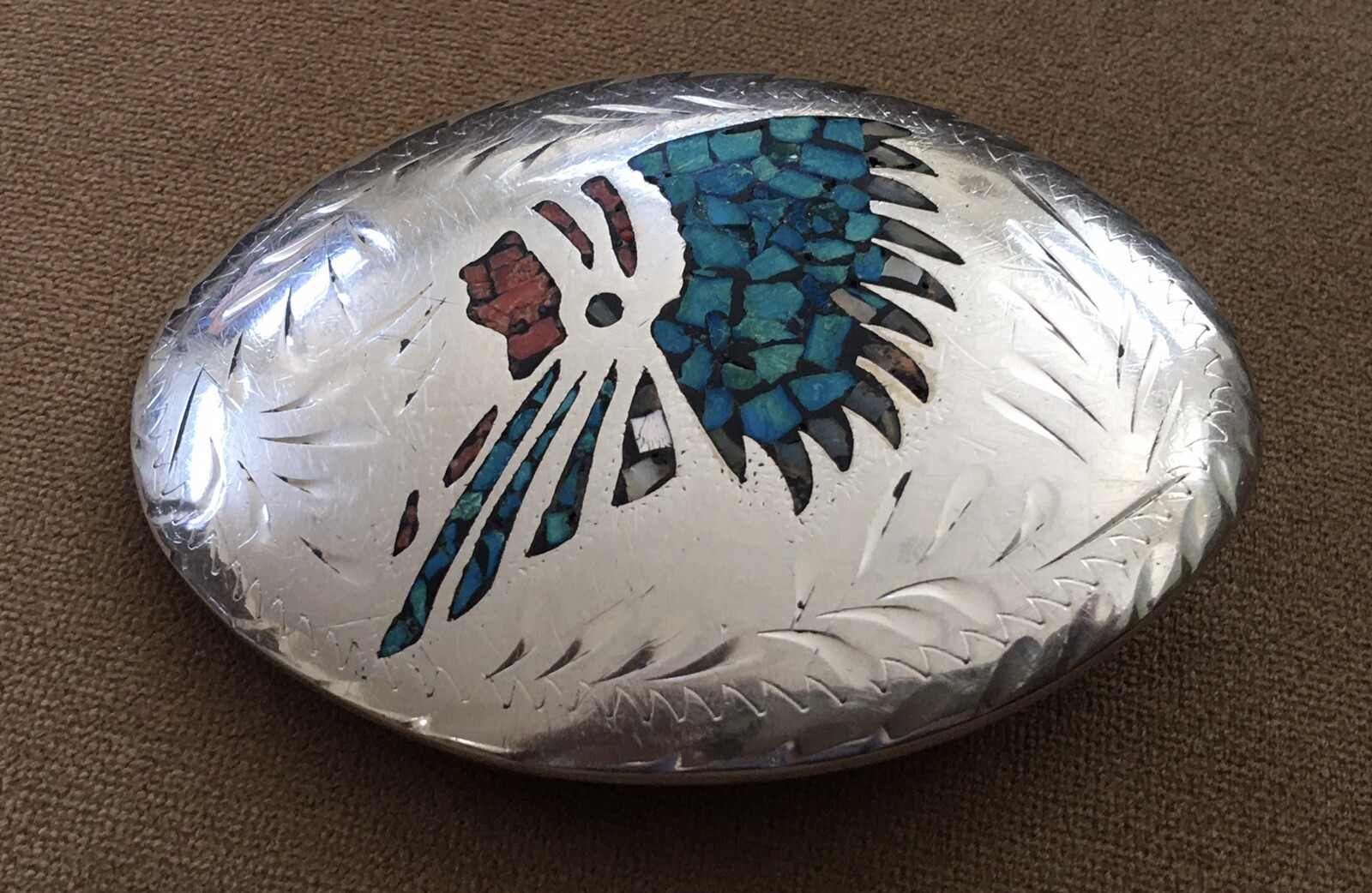 Vintage Handcrafted Native American Indian Chief Gem Inlay Art Belt Buckle