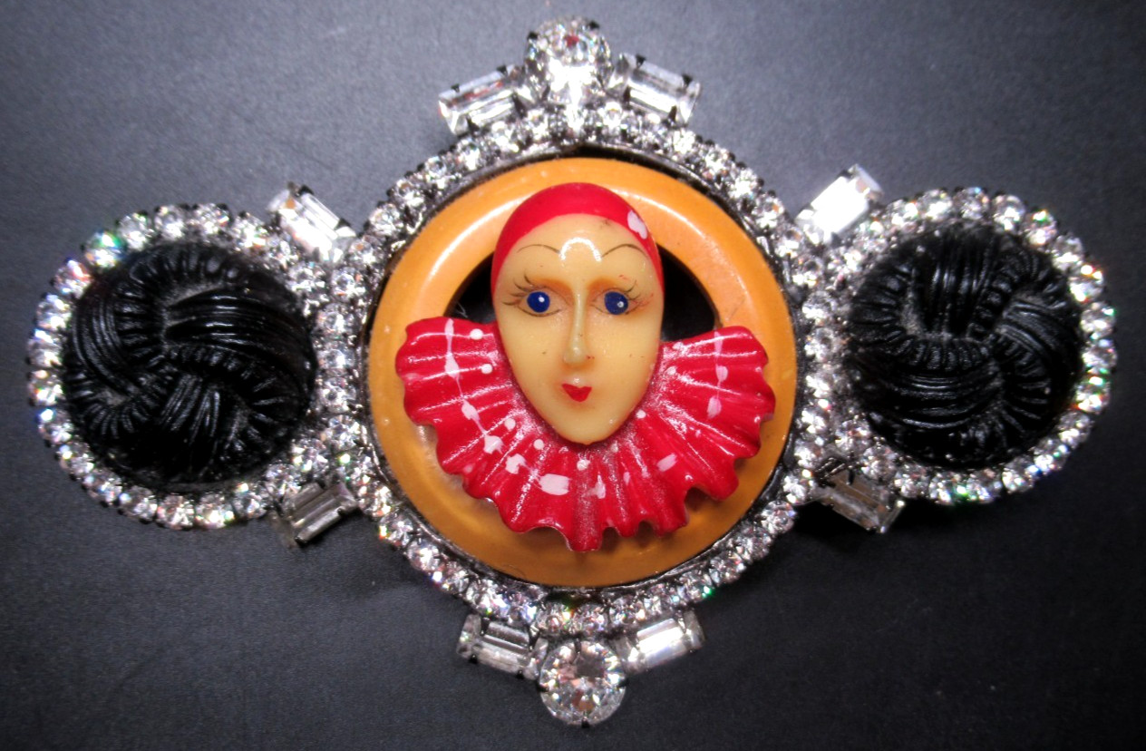 MOANS COUTURE Amazing Rhinestone Celluloid & Bakelite Clown Pin Brooch