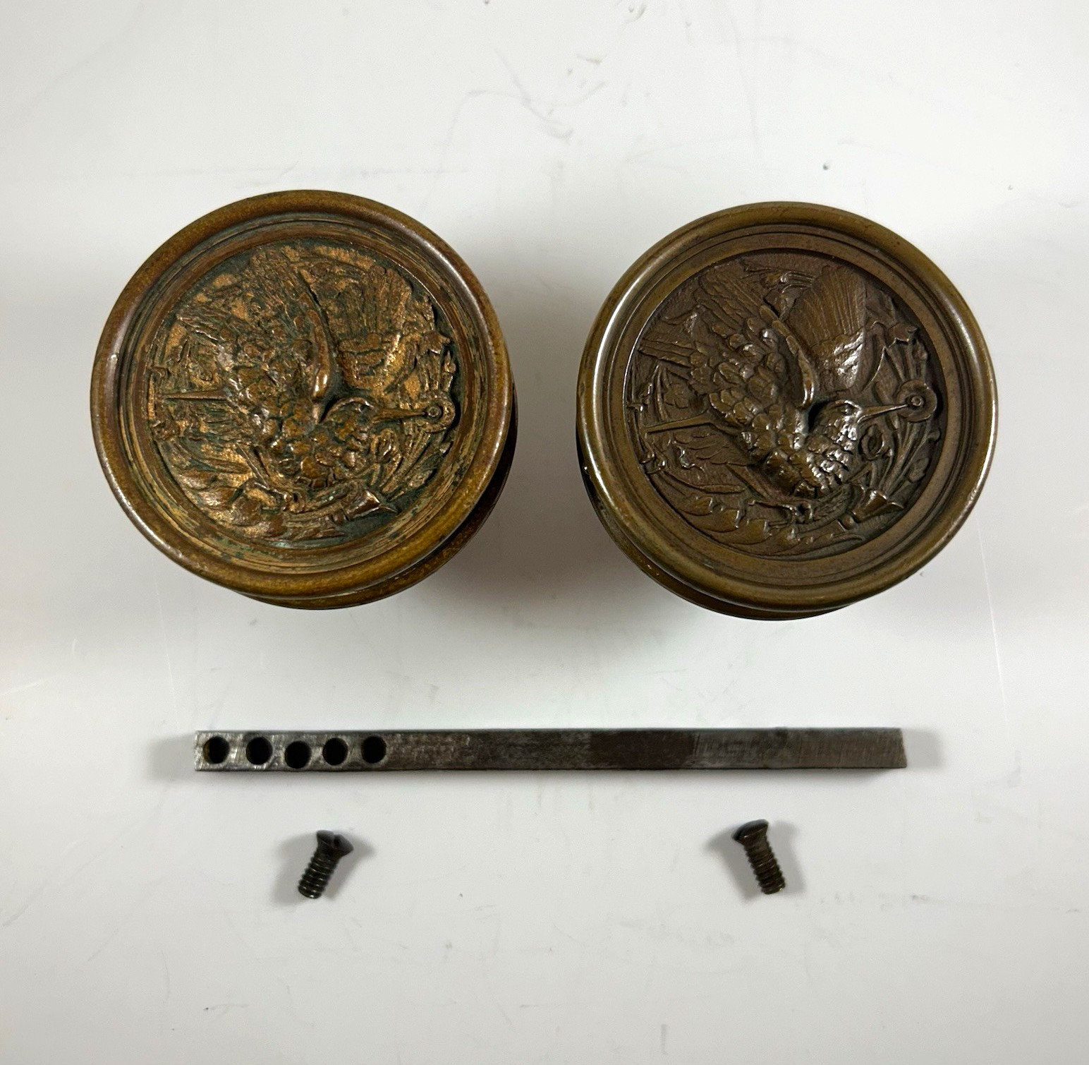 Antique Russell & Erwin Hummingbird Door Knobs Made 1877 Cast Bronze A-10600