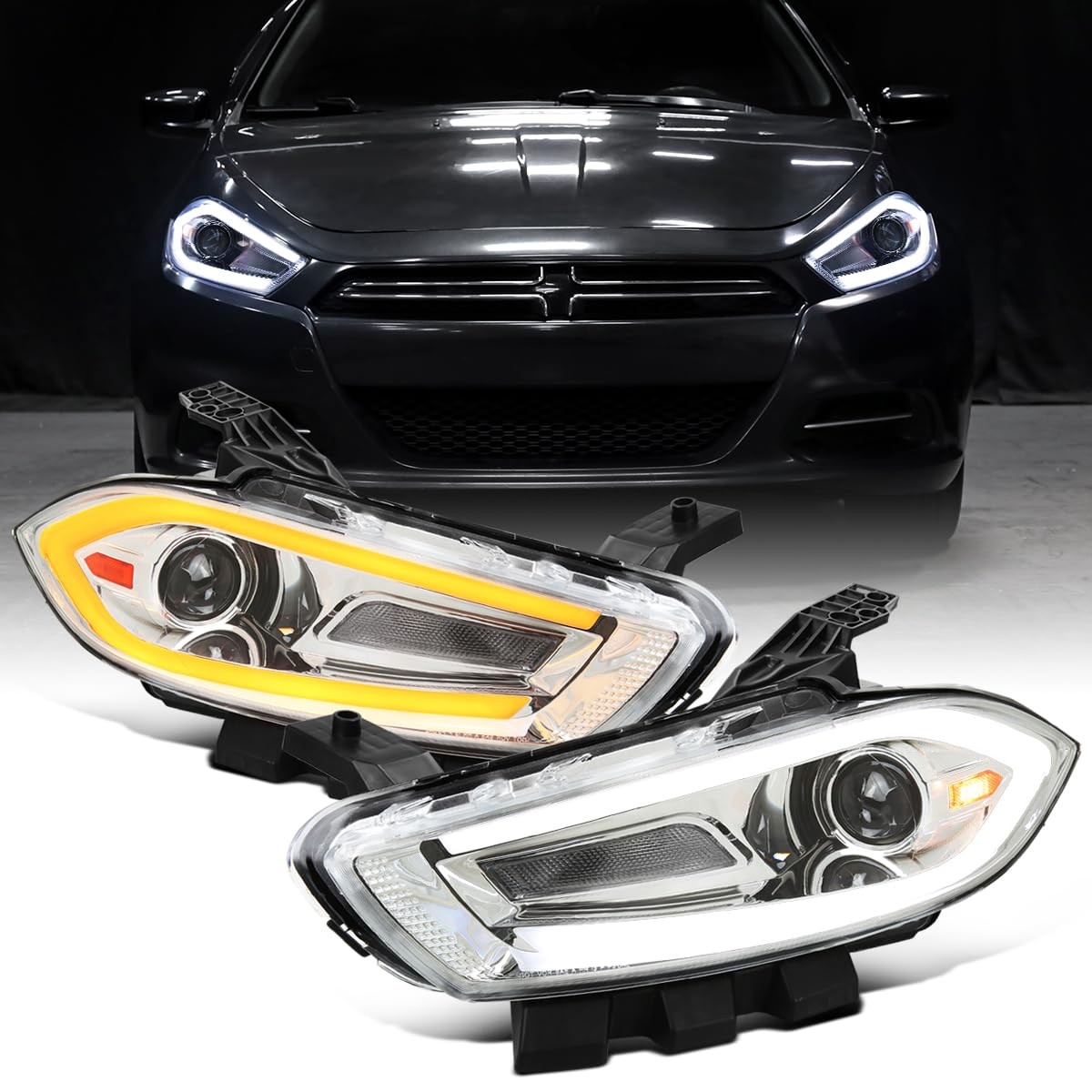 - Fits 2013-2016 Dodge Dart Halogen LED Tube Projector Headlights