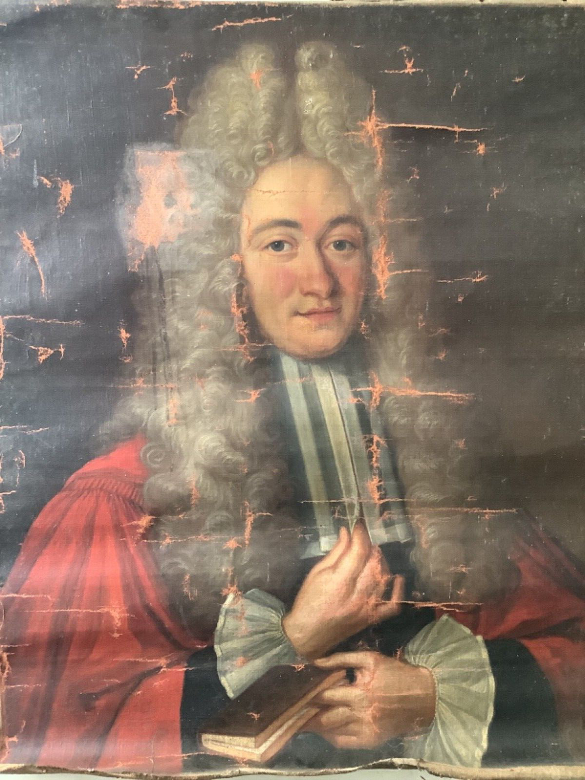 Antique Late 1600s French Oil Portrait Magistrate Red Robe Wig Louis XIV Restore
