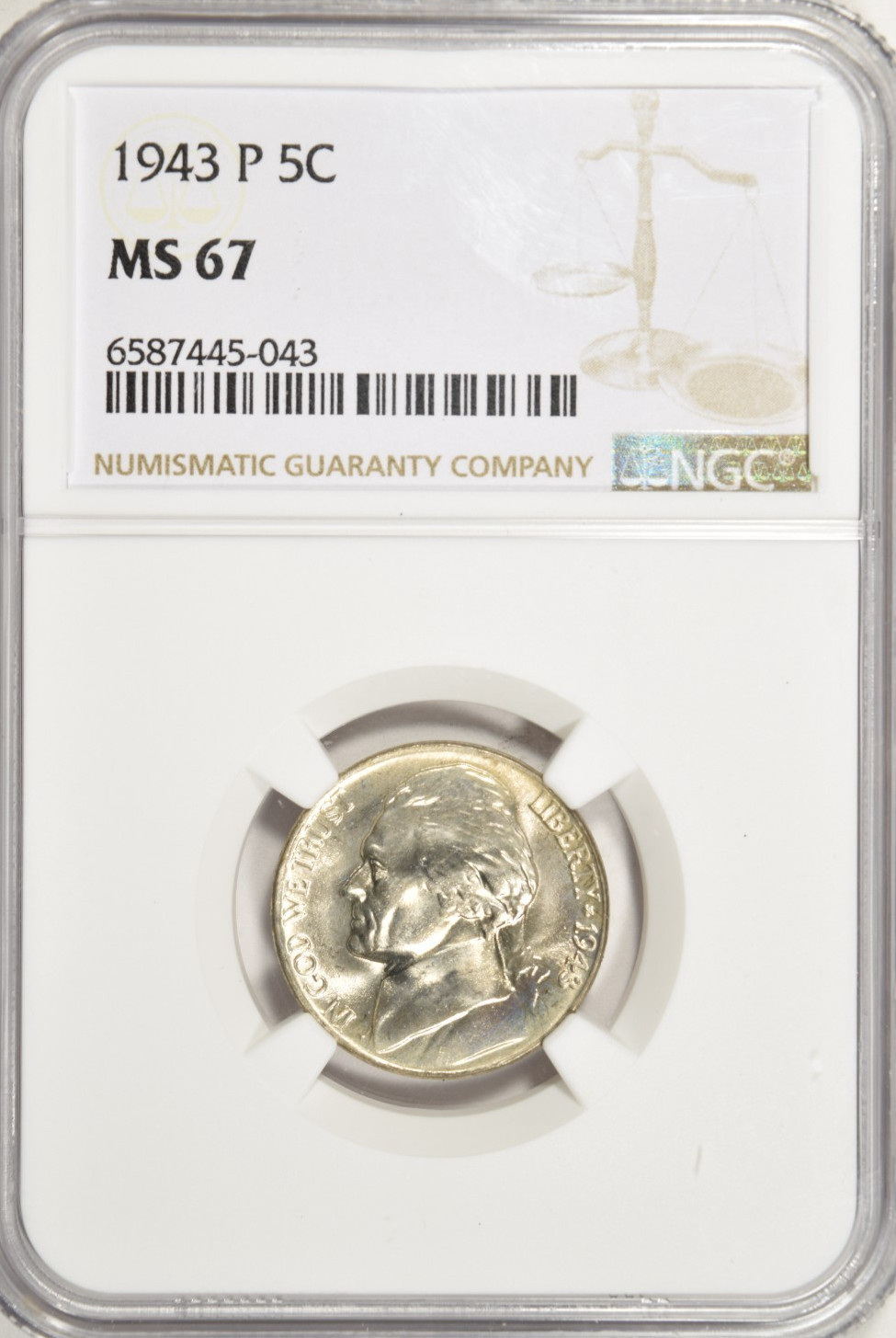 1943 P JEFFERSON NICKEL ~ SILVER WAR WWII ~ NGC MS67