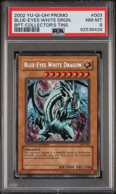 2002 Yu-Gi-Oh Blue-Eyes White Dragon BPT-003 Secret Rare Promo Tin PSA 8