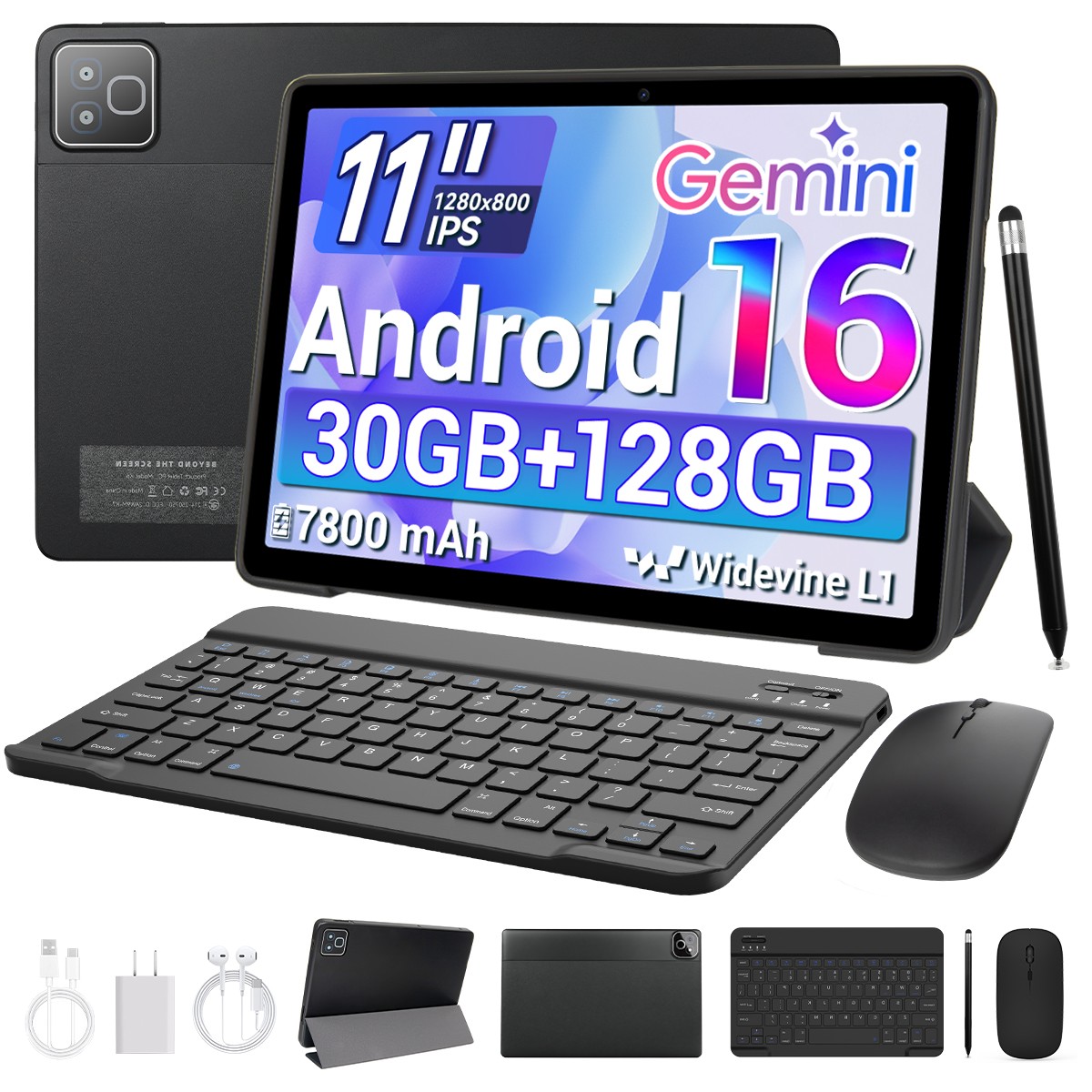 Android 16 Tablet 11 inch 30GB RAM 128GB ROM 7800mAh WiFi 6, IPS LCD Dual Came