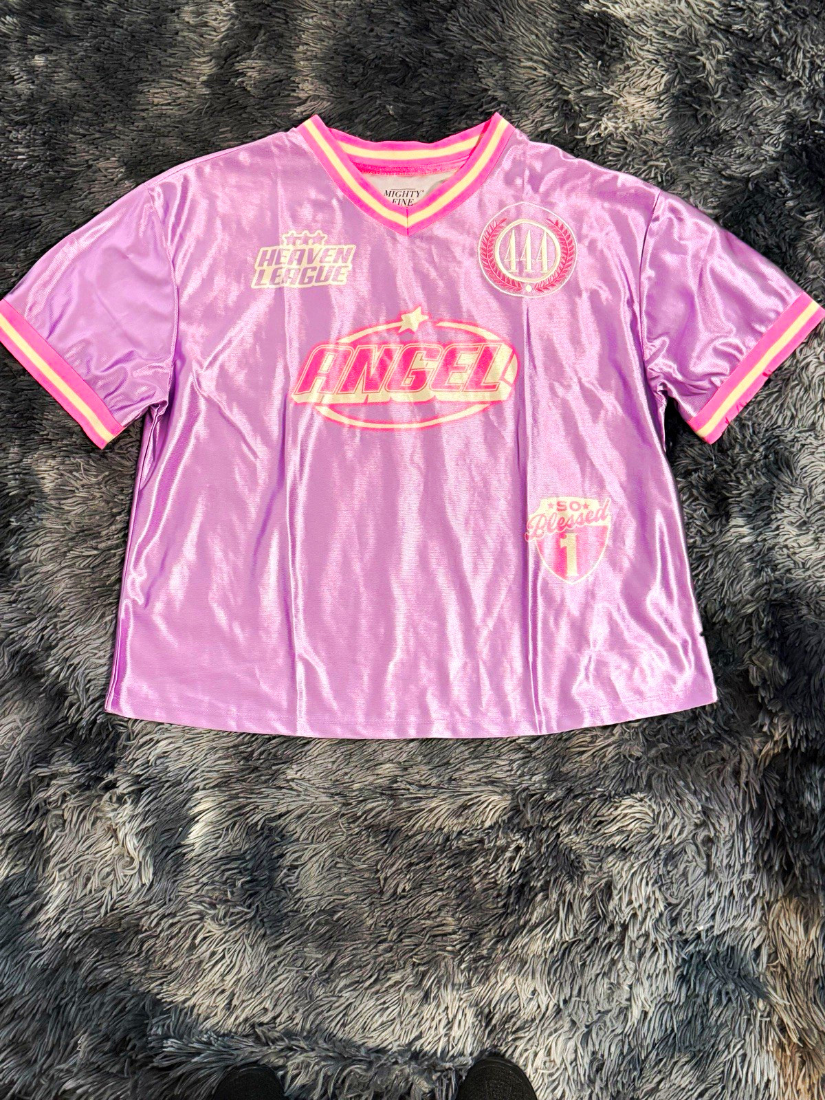 Mighty Fine Heaven League Angel Purple/Pink V-Neck Jersey T-Shirt M Poly size-XL Mighty Fine Heaven League Angel Purple/Pink V-Neck Jersey T-Shirt M Poly size-XL