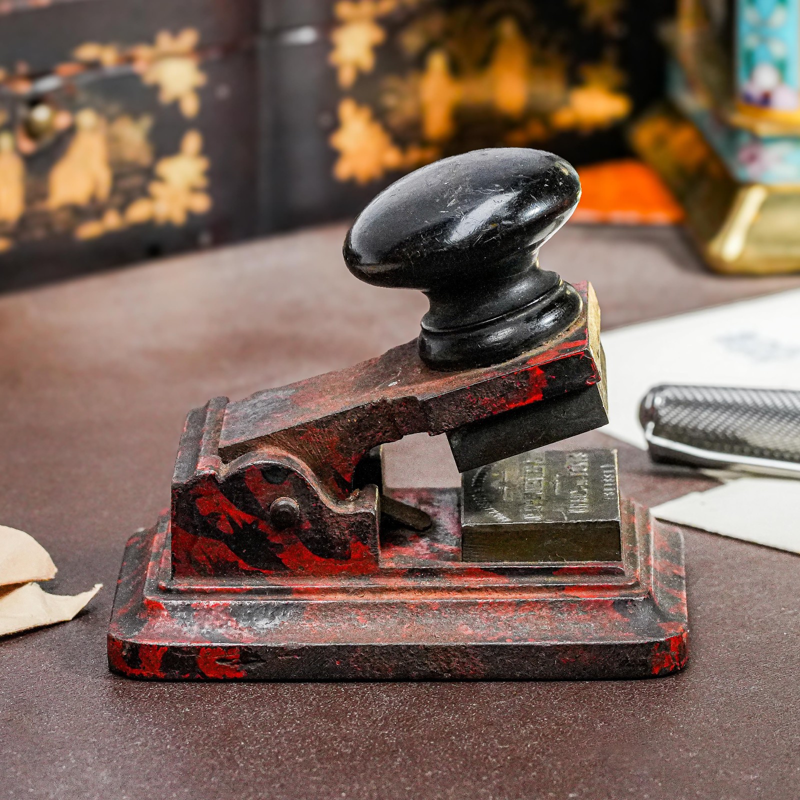 Unusual Antique Metal Cast Iron Desk Embosser Clamp Paperweight Industrial