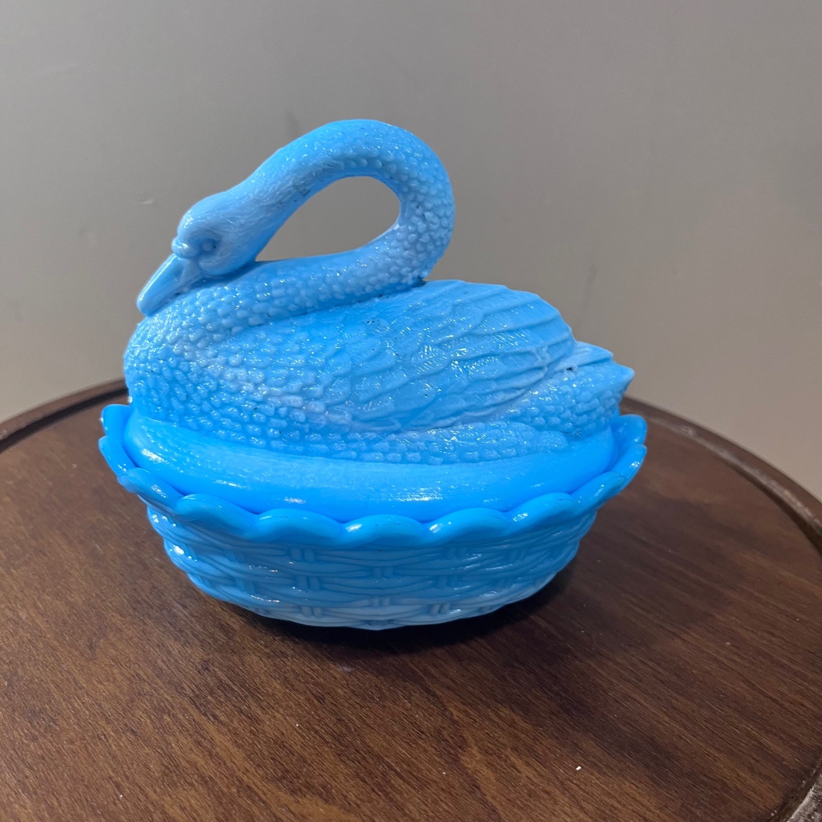 Vtg Westmoreland Blue Slag Glass Swan on Nest Covered Dish Candy Box MCM