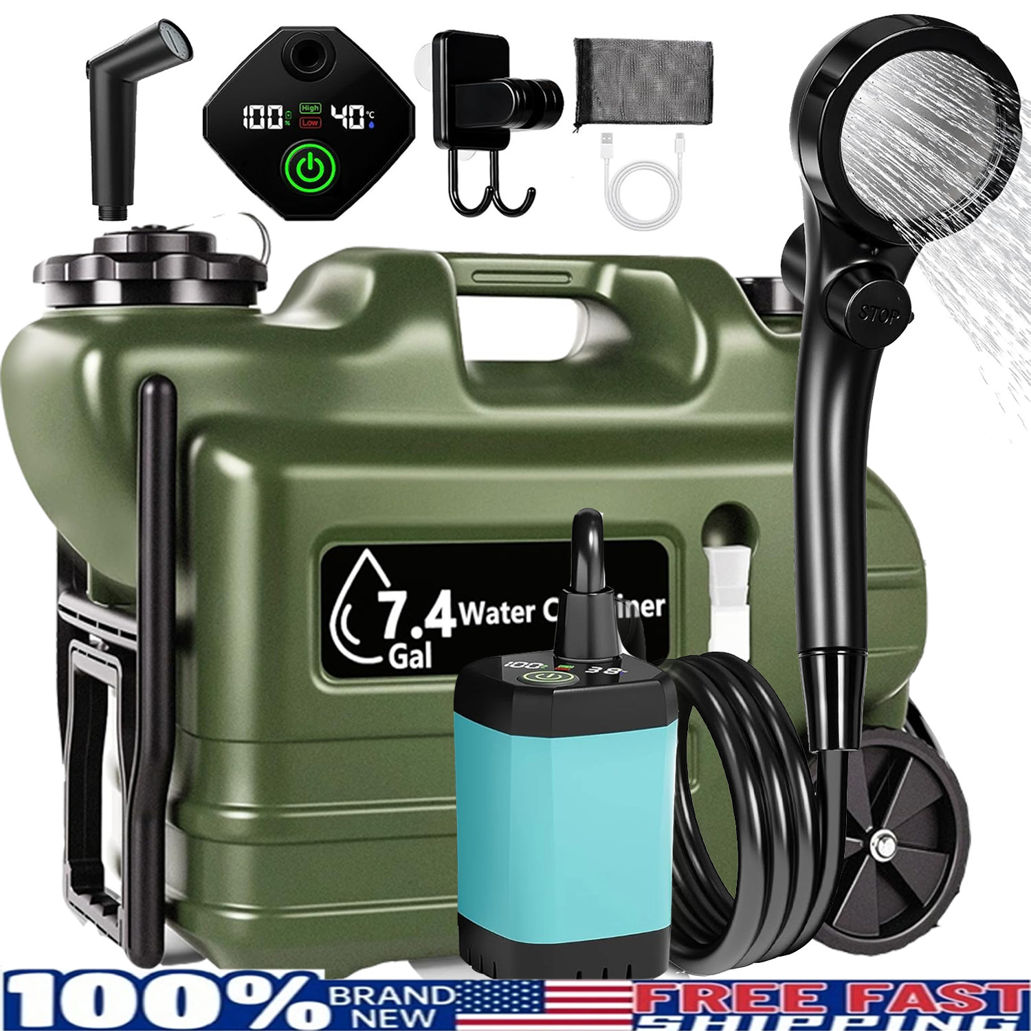 Camping Shower with 7-Gallon Water Jug, 6000mAh Rechargeable Portable Shower New