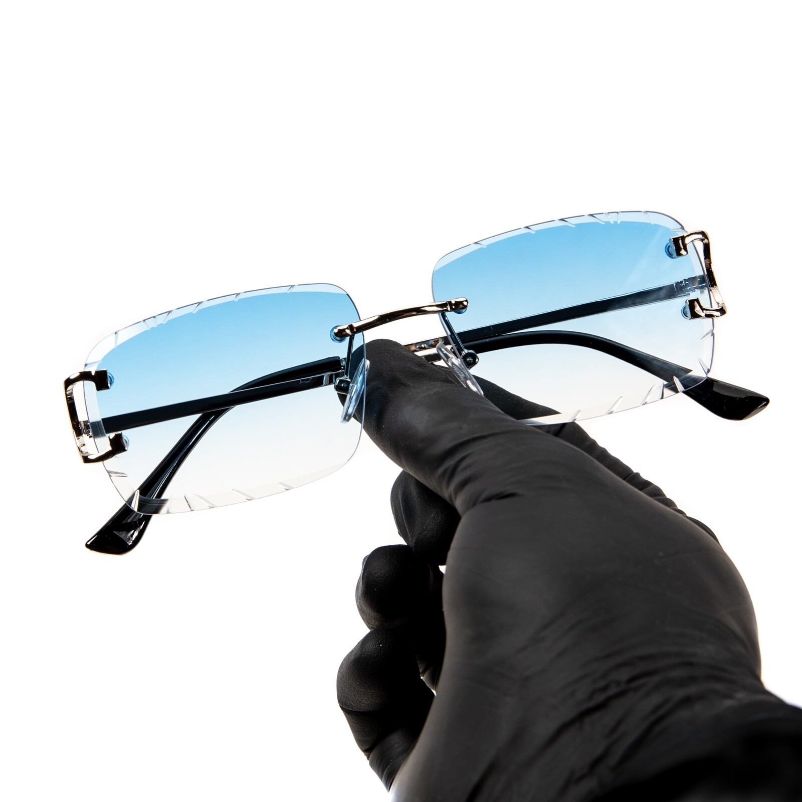 Men\'s Gem Cut Sky Blue Tint Silver Frame Rimless Luxury Rectangle Sunglasses