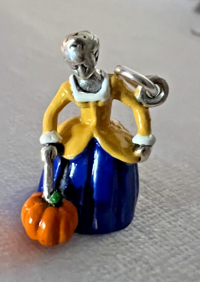 Vintage Sterling Enamel Colonial Woman w/ Pumpkin.  Thanksgiving Autumn Themes