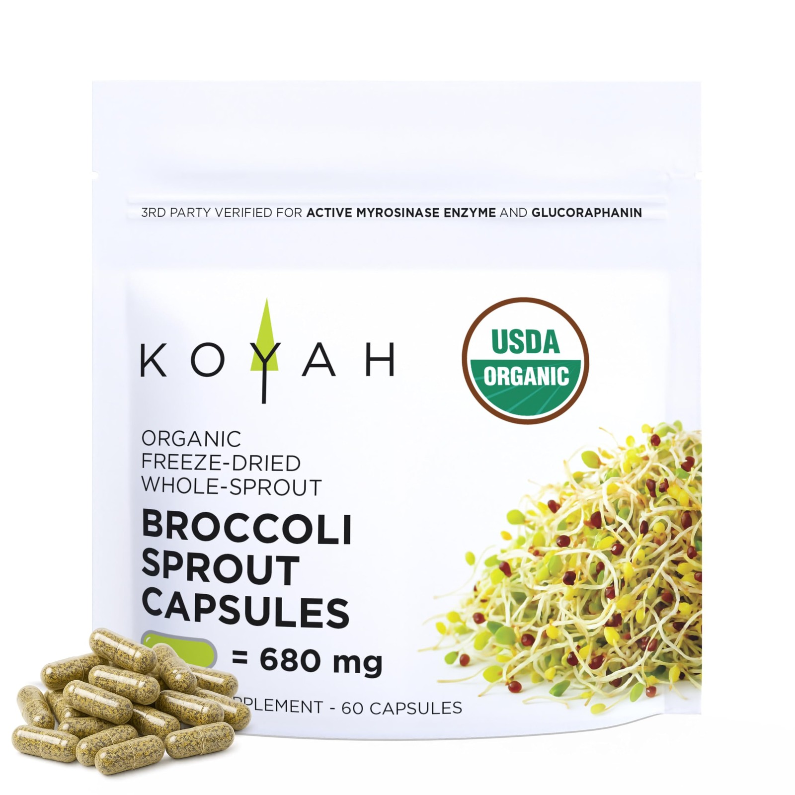 KOYAH - Organic Broccoli Sprout Capsules – Freeze-Dried 60 Count (Pack of 1)