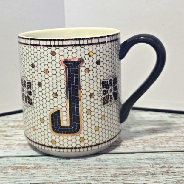 Anthropologie Coffee Mug Letter J Monogram Ceramic/Porcelain White Black Gold