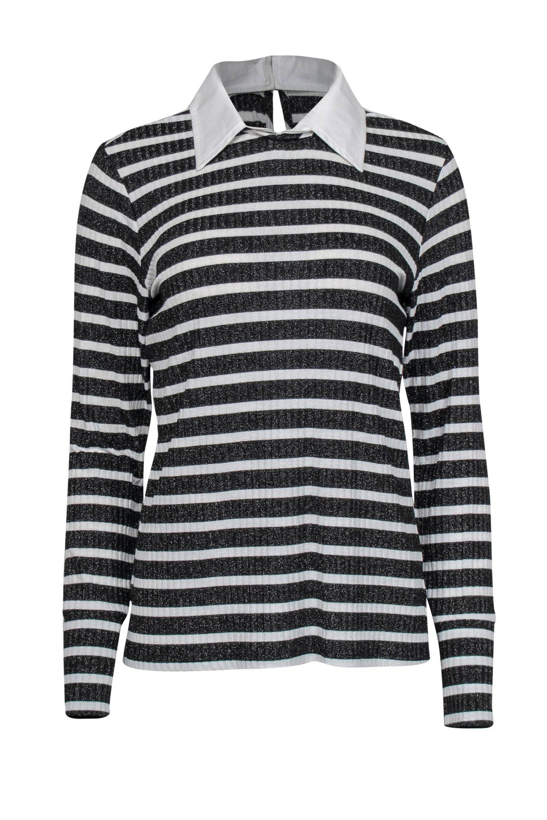 Trina Turk - Black & White Metallic Striped Blouse w/ Collar Sz L Trina Turk - Black & White Metallic Striped Blouse w/ Collar Sz L