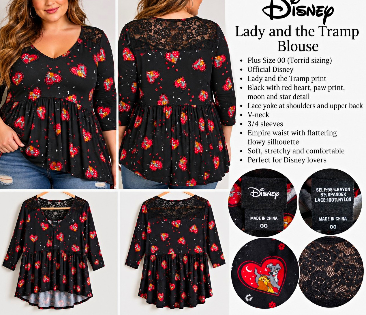 Torrid Disney Lady & Tramp Black Heart Print Lace Yoke V-Neck Blouse 2XL Torrid Disney Lady & Tramp Black Heart Print Lace Yoke V-Neck Blouse 2XL