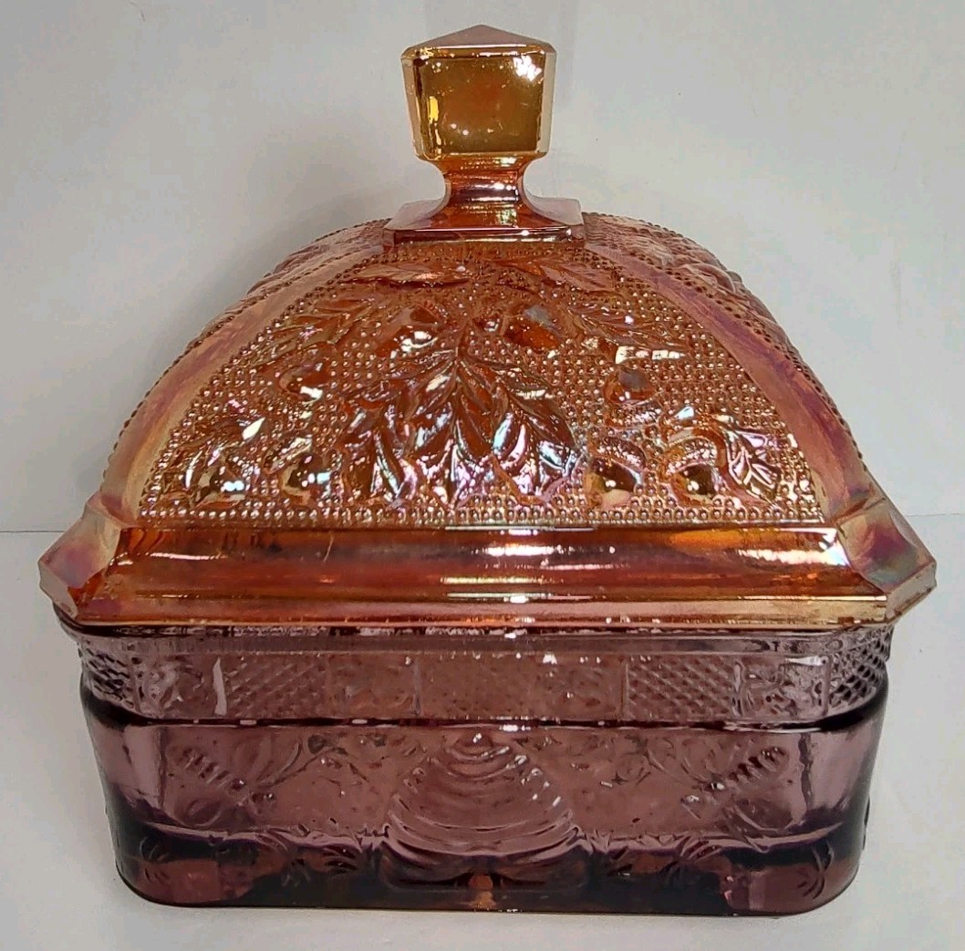 Vintage Indiana Glass Tiara Honey Bee Box Purple Base Marigold Carnival Lid