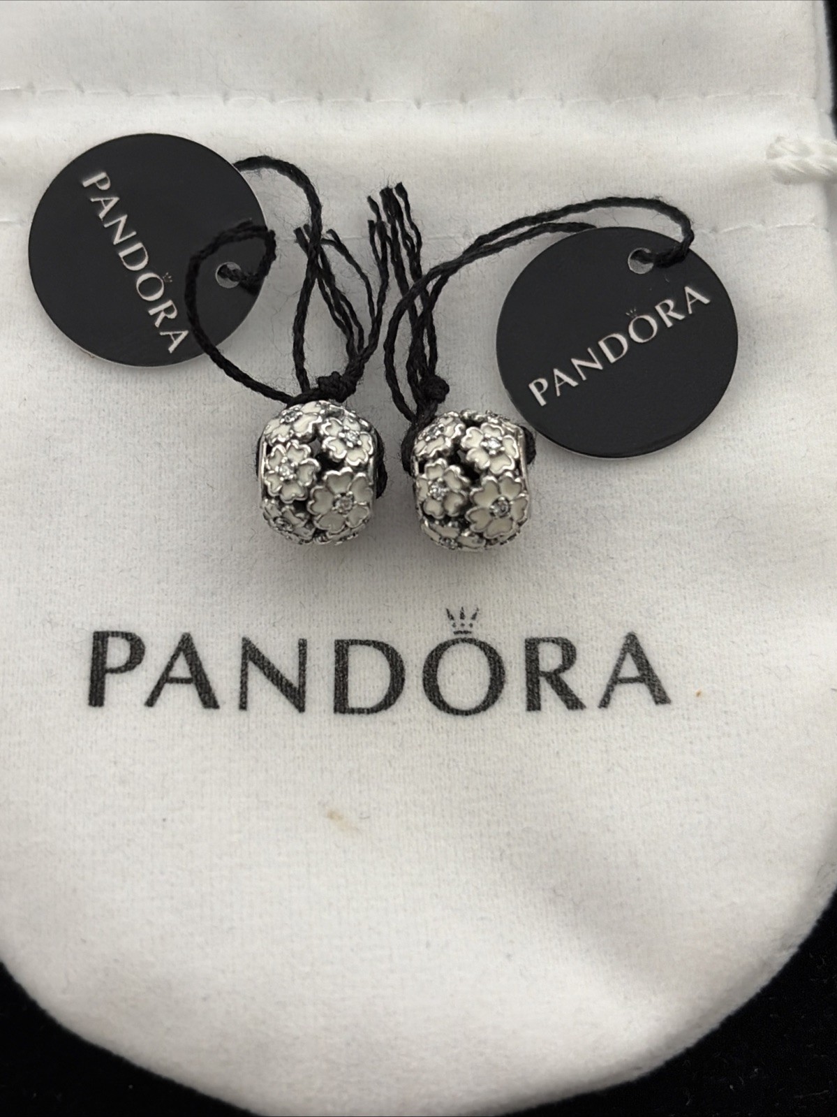 Pair Of Authentic Pandora Primrose Meadow White Enamel Charm 791488EN12 NWT
