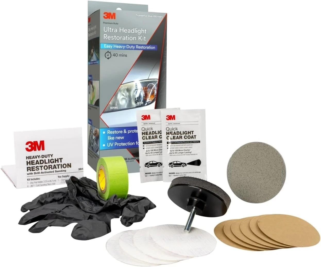 3M Ultra Headlight Restoration Kit Contains Masking Tape Light Sanding Discs 3M Ultra Headlight Restoration Kit Contains Masking Tape Light Sanding Discs