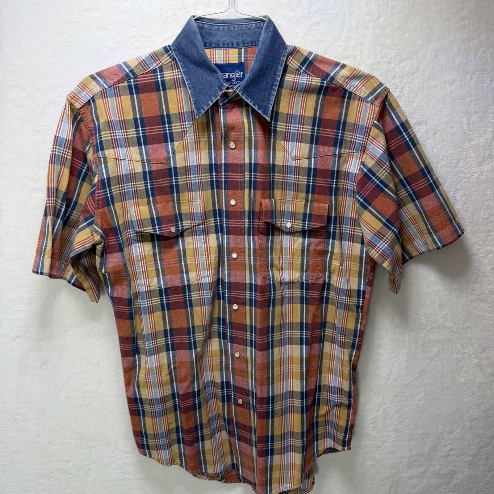 VTG Unique Wrangler Mens Pearl Snap Western Shirt Plaid Denim Collar S Sleeve