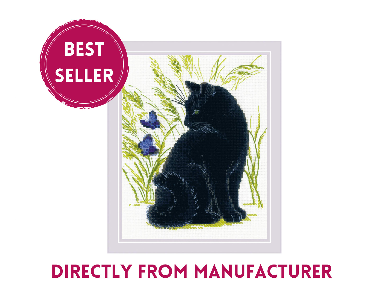 RIOLIS Counted Cross Stitch Kit 2001 Black Cat - Cute Kitten playing in Field