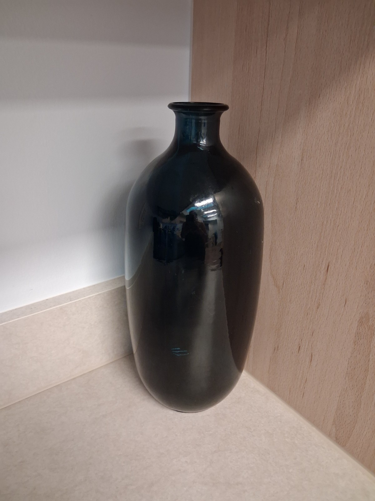 Vintage Cobalt Blue Art Glass Bottle Vase 12” Tall Hand Blown Style Rolled Rim