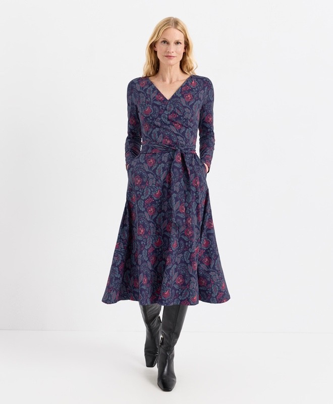 New Pact Women\'s Organic Fit & Flare Blooming Vines Purple Wrap Dress Size M