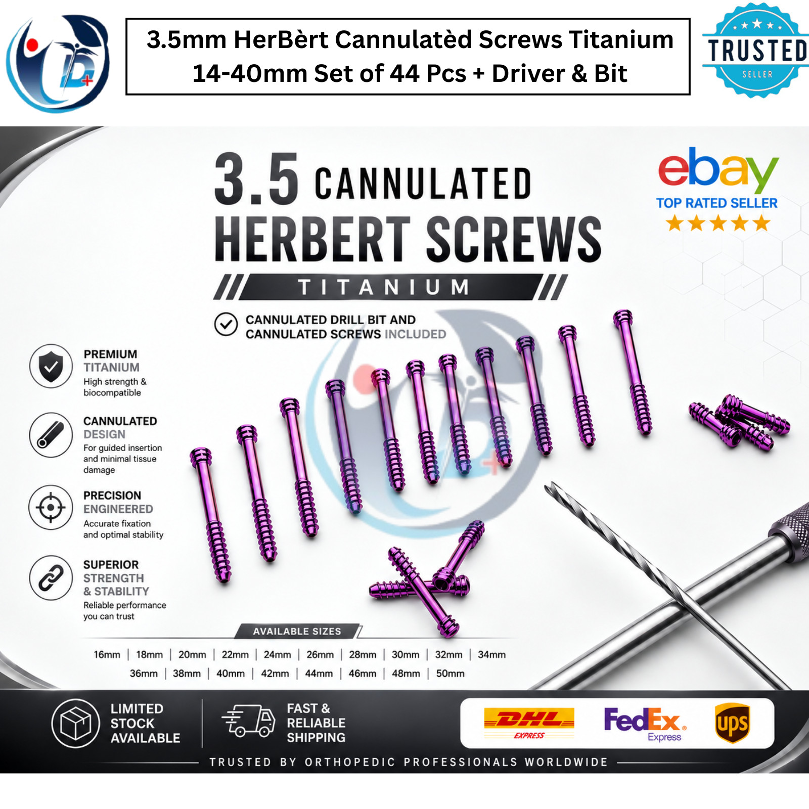 3.5mm HerBert Cannulated Screws Titanium 14-40mm Set of 44 Pcs + Driver & Bit 3.5mm HerBert Cannulated Screws Titanium 14-40mm Set of 44 Pcs + Driver & Bit