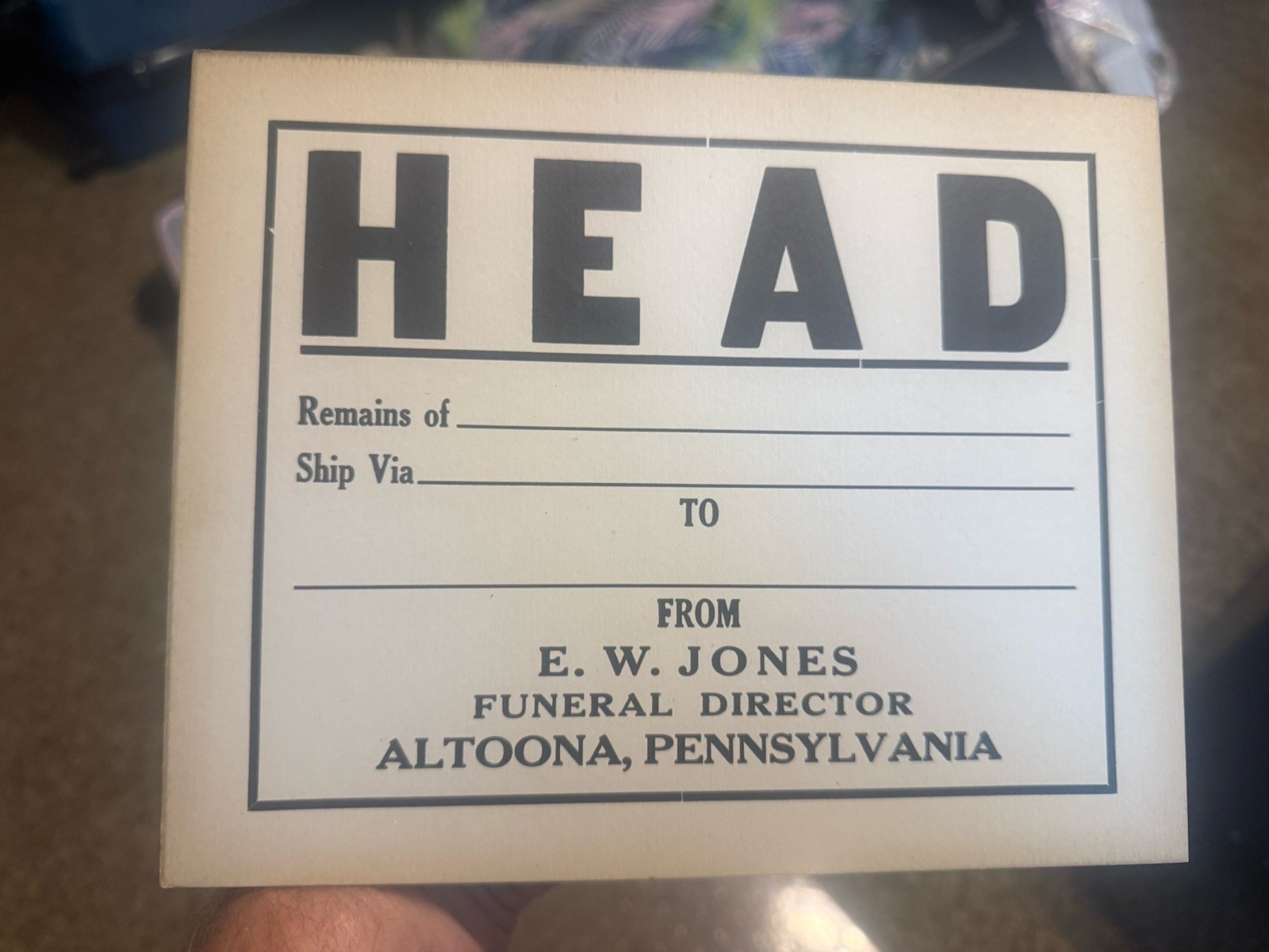 Vintage Cardboard Funeral Home Mortician Dead Body Transfer Sign
