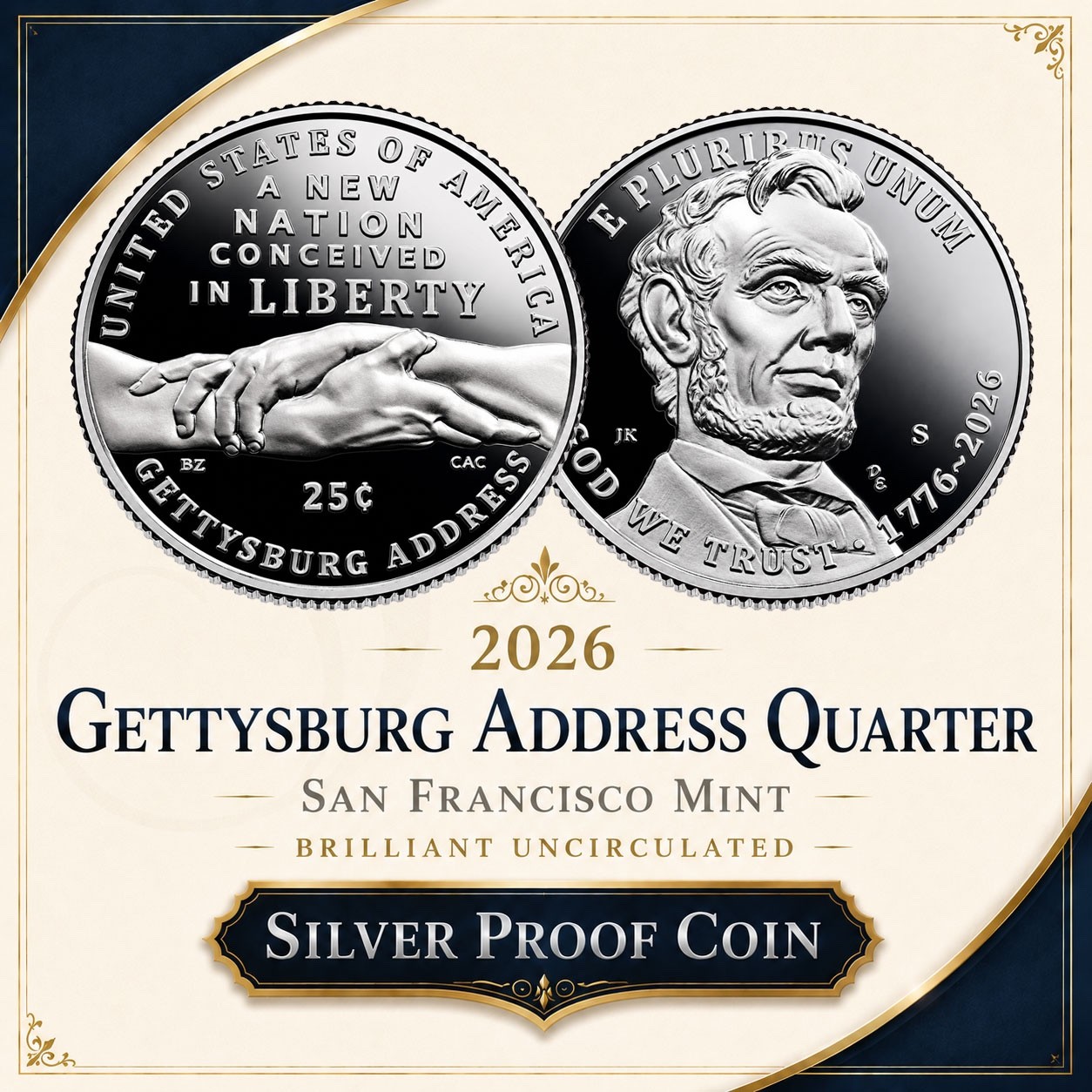 2026 S Gettysburg Address ~ 999 Silver Proof Quarter ~ US Mint Semiquincetennial