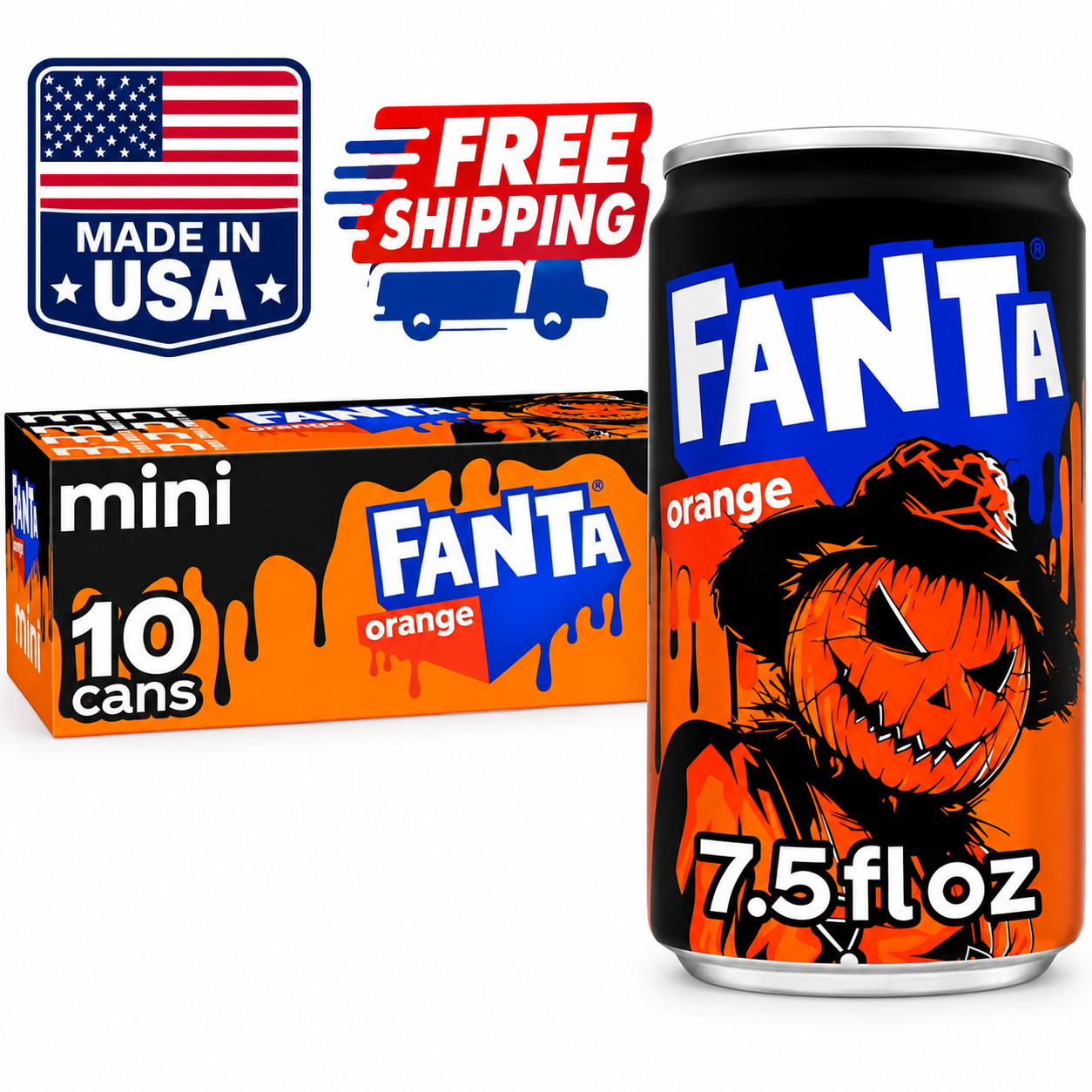 Fanta Orange Halloween Soda 7.5 fl oz Mini Cans 10 Pack Seasonal Edition
