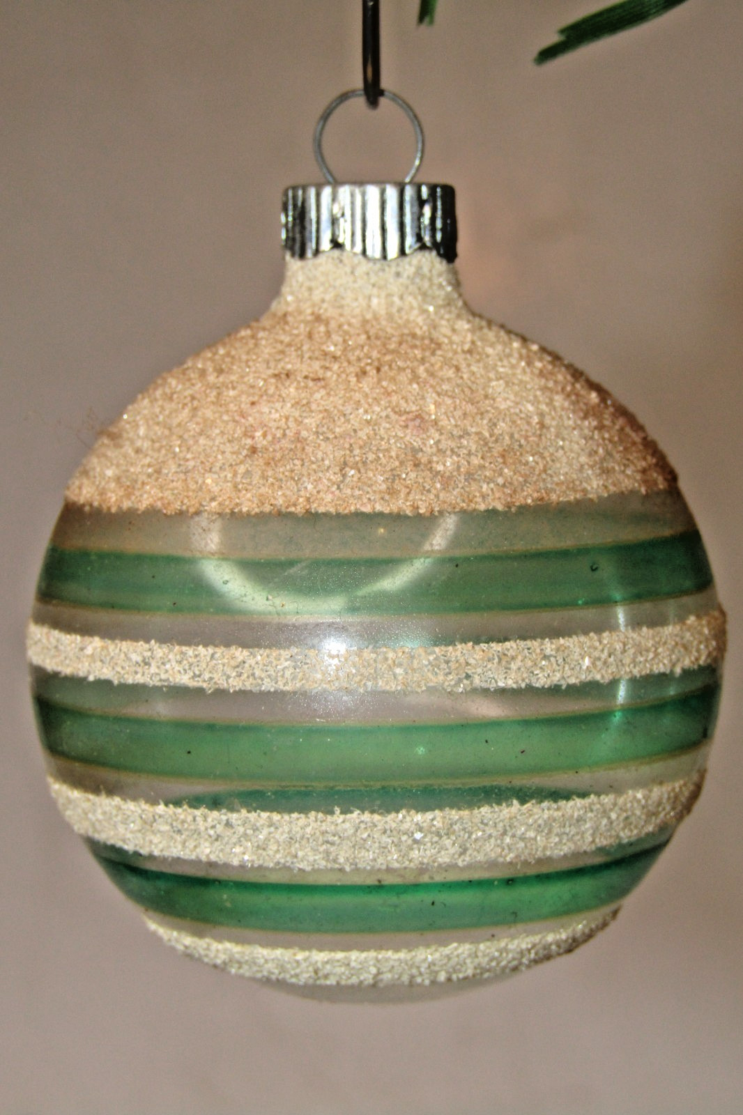VTG WWII Unsilvered Glass Mica Striped BALL Christmas Ornament Shiny Brite GRN