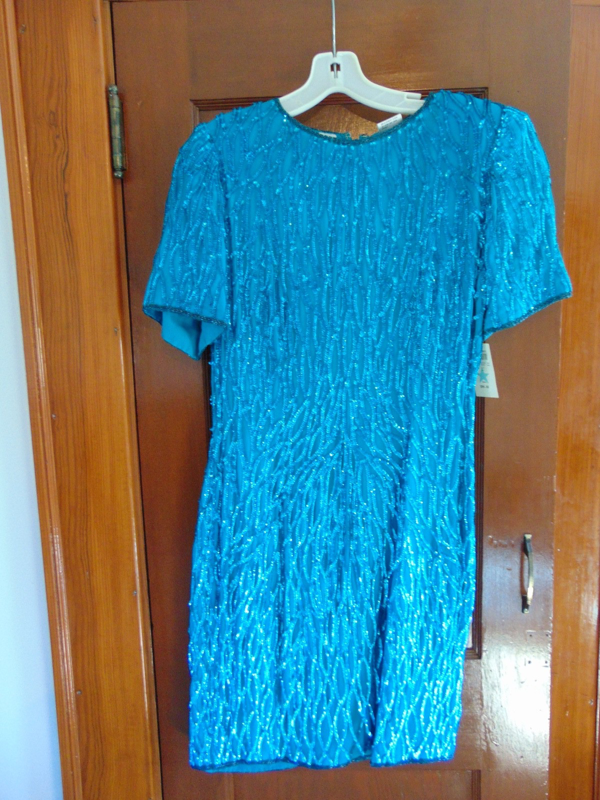 Vintage Stenay 100% Silk Turquoise Beaded Sequin Fully Lined Party Dress Size 10