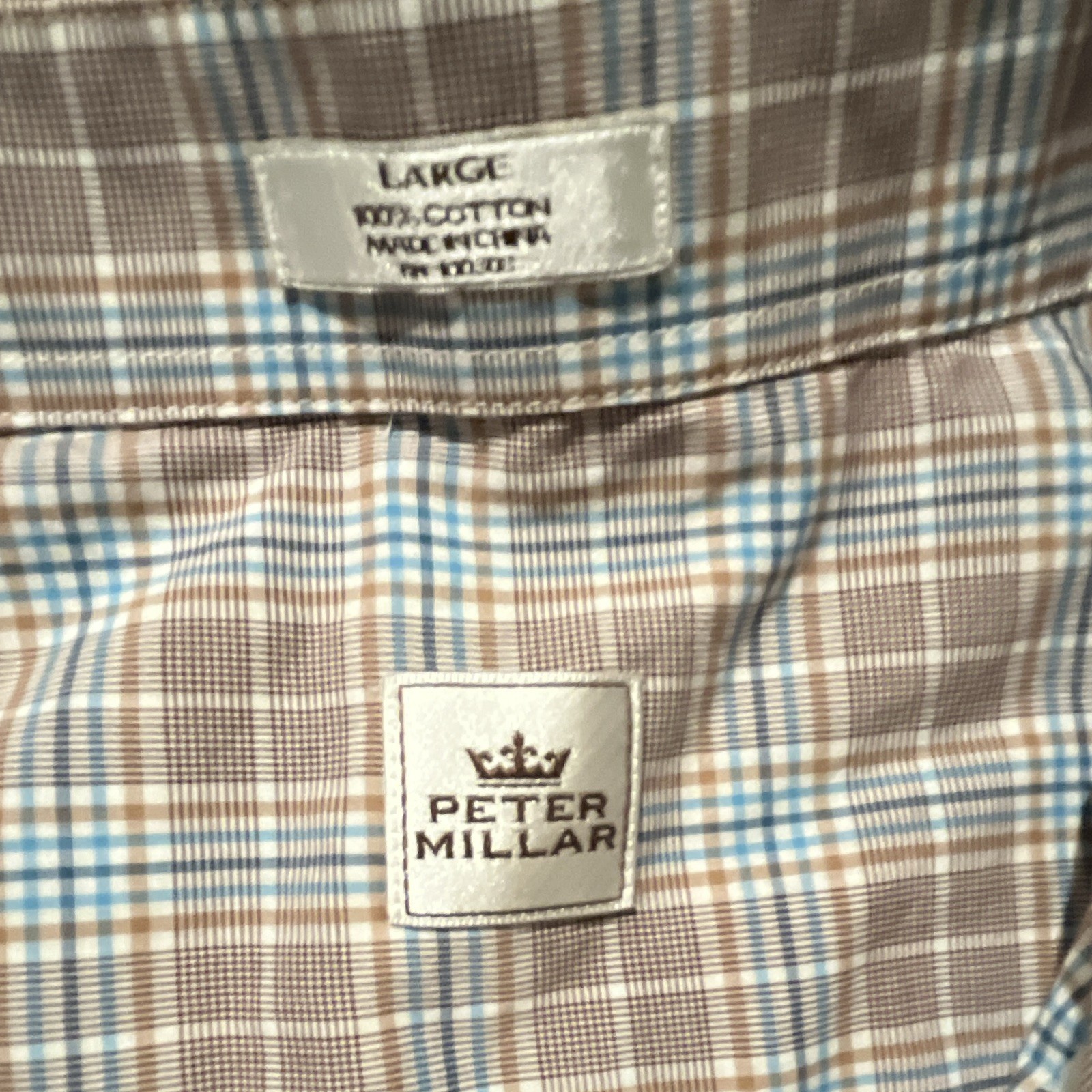 Peter Millar Men\'s L Blue/Brown Plaid Button-Down Long Sleeve Cotton Shirt Peter Millar Men\'s L Blue/Brown Plaid Button-Down Long Sleeve Cotton Shirt