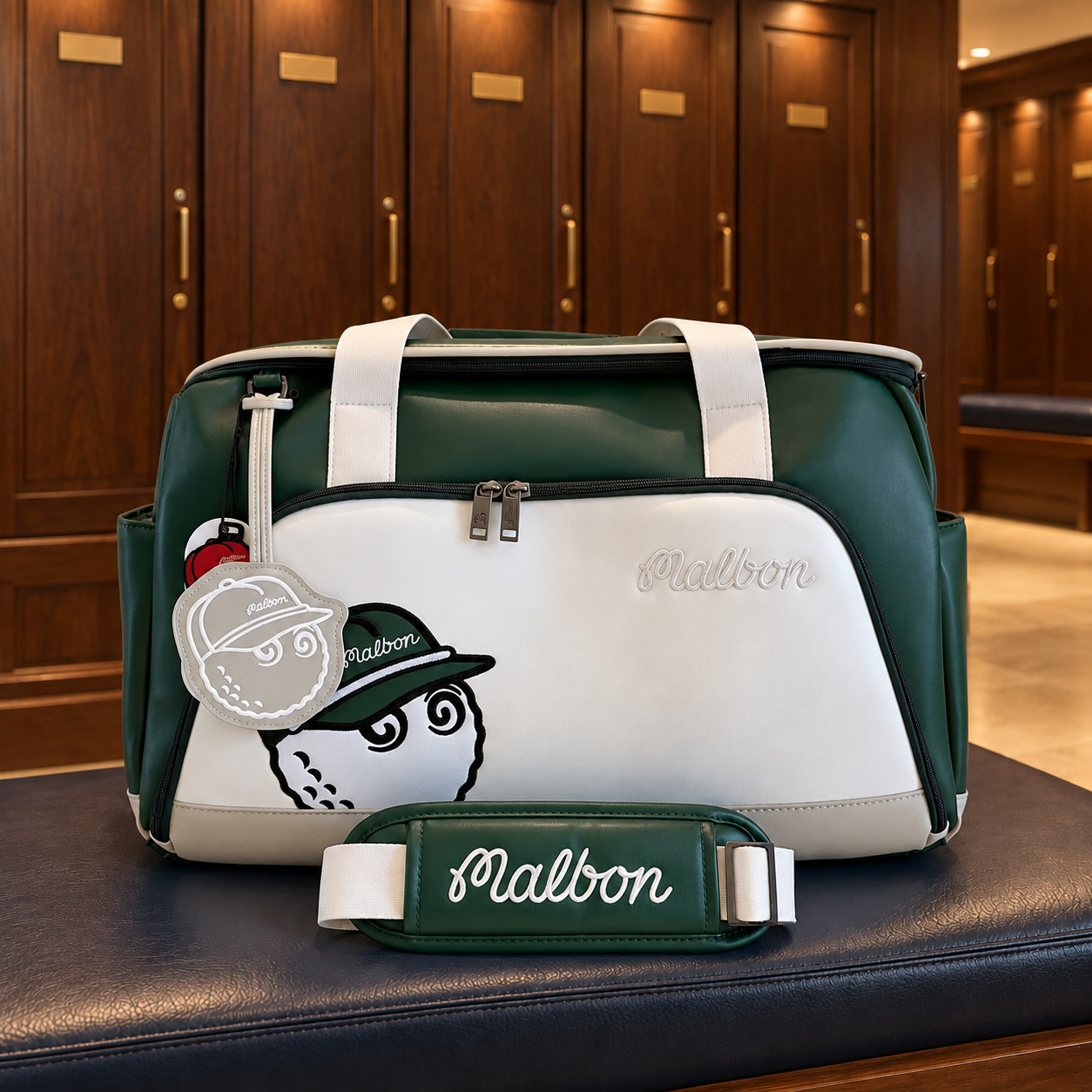 Malbon Golf Tour Boston Green/White Leather Travel Bag Zip Shoulder Strap Handle