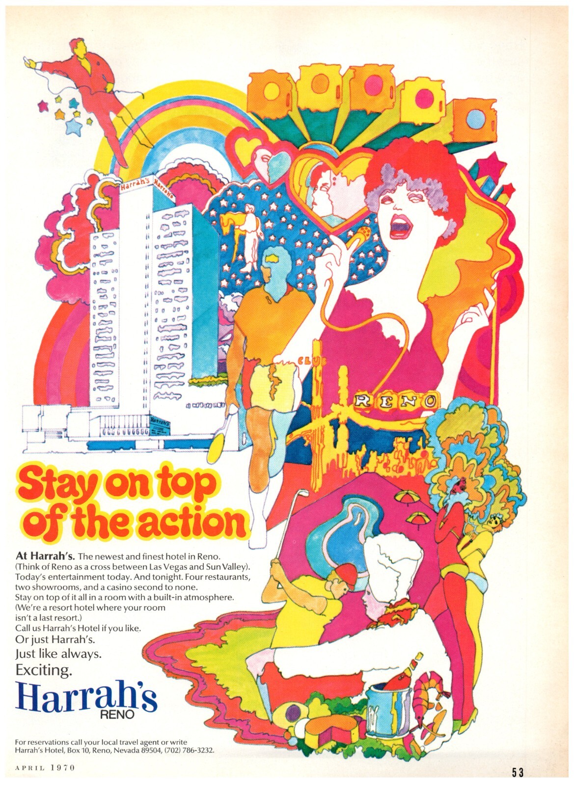 1970 Harrah\'s Reno Print Ad, Hotel & Casino Stay Top Action 70\'s Psychedelic Art
