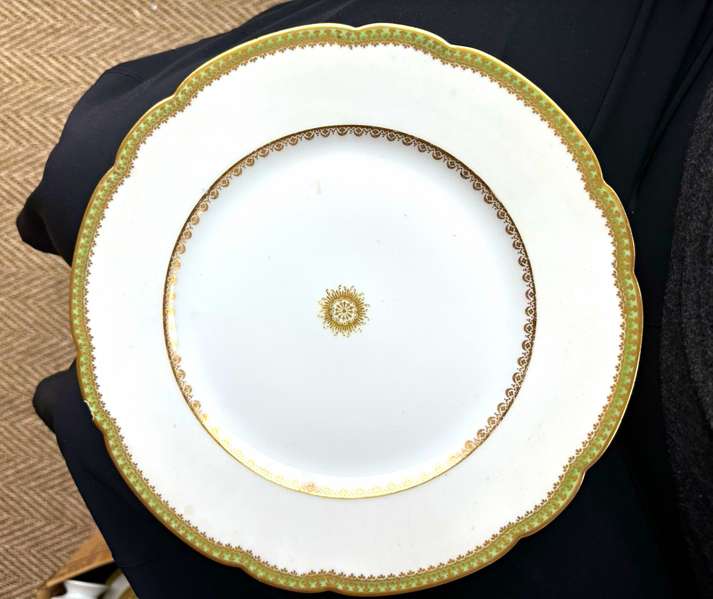 Limoges Starburst White Porcelain Plate Green & Gold Border set of 4