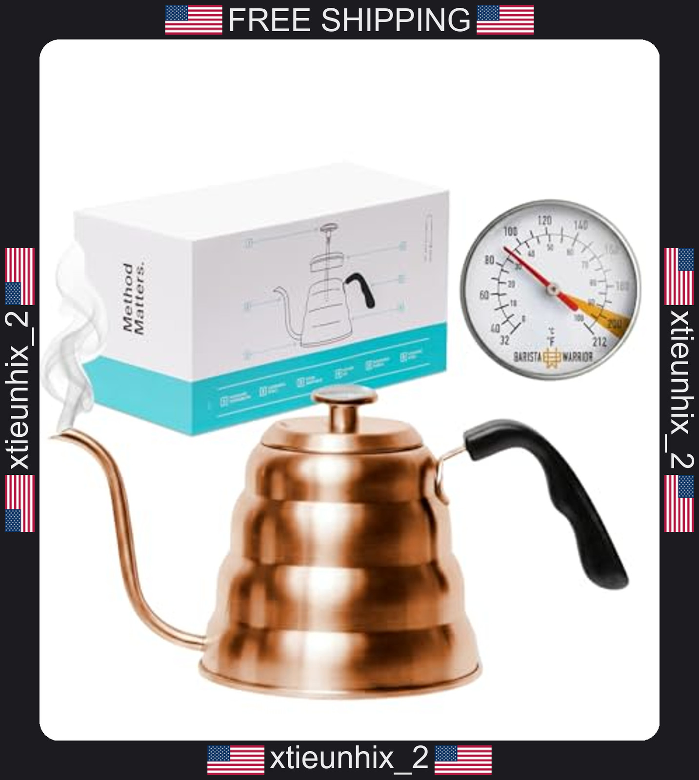 Pour Over Coffee Kettle 1.2L Copper with Built-In Thermometer