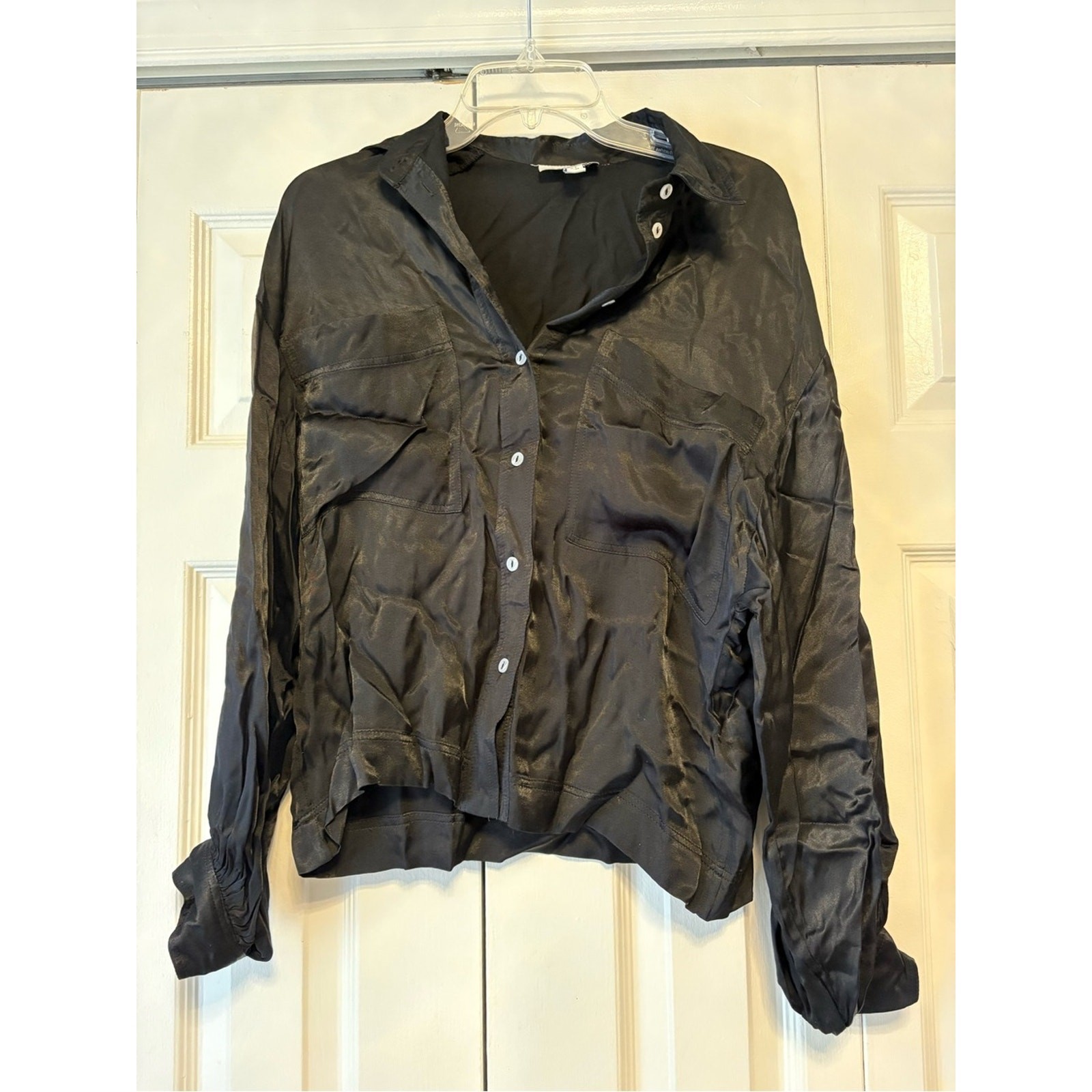 Topshop Black Satin-Look Sheer Button Front Blouse