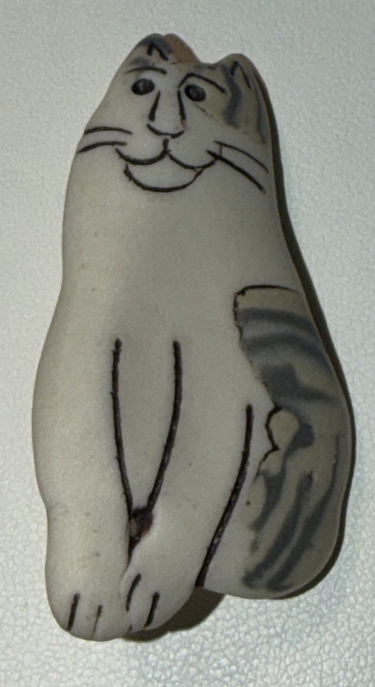 Vintage JH Signed Ceramic Cat Brooch Pin Gray White Tabby 1990 Handmade OOAK